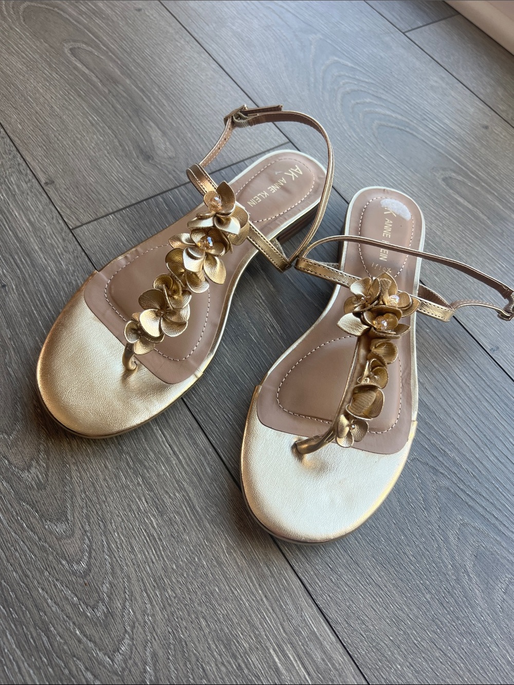 Anne Klein Gold Floral T-Strap Sandals